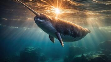 A narwhal swims gracefully underwater, illuminated by sunlight filtering through the surface. photo
