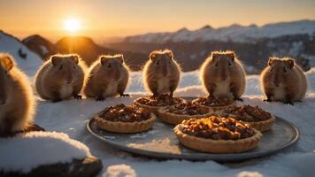 A group of small animals enjoying pies in a snowy landscape at sunset. photo