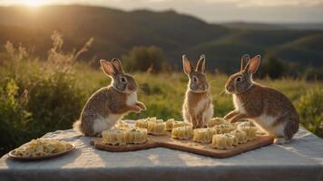 Three rabbits gather around pasta on a table in a scenic outdoor setting during sunset. photo