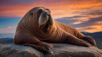 A walrus resting on a rock with a colorful sunset in the background. photo