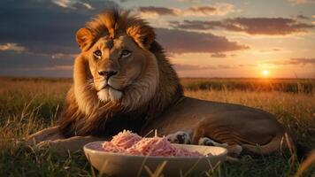 A lion rests in a grassy field at sunset, beside a bowl of meat. photo