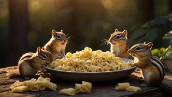 Five chipmunks gather around a large plate of pasta, enjoying a meal in a natural setting. photo