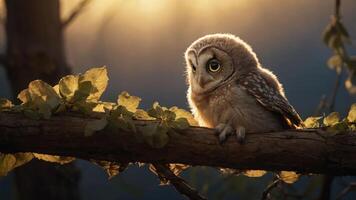 A young owl perched on a branch with soft sunlight filtering through leaves. photo