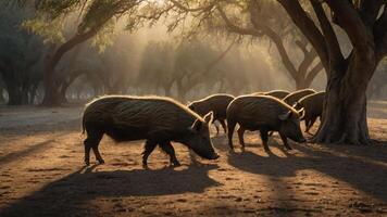 A group of wild boars walking through a sunlit forest with trees in the background. photo