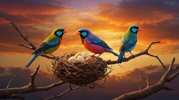 Three colorful birds perched on a nest with eggs against a sunset backdrop. photo