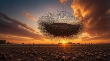 A surreal nest floating above a field at sunset, blending nature and imagination. photo