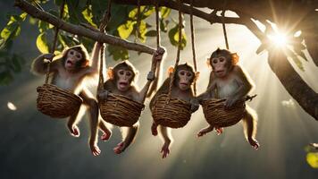 Four monkeys sitting in woven baskets, hanging from a tree, illuminated by sunlight. photo