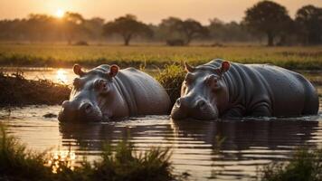 Two hippos wade in a tranquil waterway during sunset, surrounded by lush greenery. photo