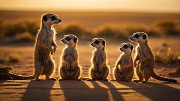 A group of meerkats standing in a line during sunset, showcasing their social behavior. photo