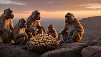 A group of monkeys sits around a nest of eggs during a sunset in a natural landscape. photo
