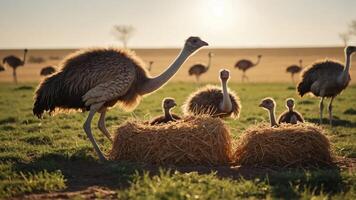 A group of ostriches in a field, with some resting on straw bales during sunset. photo