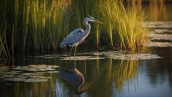 A heron stands in calm water surrounded by tall grass and lily pads, reflecting in the water. photo