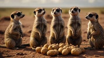 A group of meerkats standing around a pile of potatoes in a desert landscape. photo