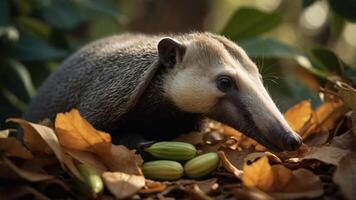A close-up of an anteater among autumn leaves and fruits in a natural setting. photo