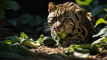 A wild cat, likely an ocelot, munching on vegetables in a lush environment. photo