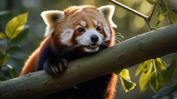 A red panda resting on a branch amidst lush greenery, showcasing its playful demeanor. photo