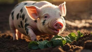 A playful pig with spots enjoying fresh greens in a sunlit farm setting. photo
