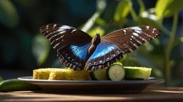 A butterfly perched on a plate with slices of cucumber and pineapple in a natural setting. photo