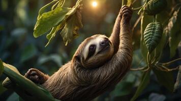 A sloth hanging on a branch in a lush green environment, illuminated by soft light. photo