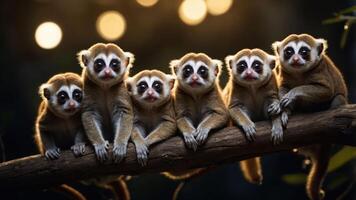 A group of six cute primates sitting on a branch, illuminated by soft background lights. photo
