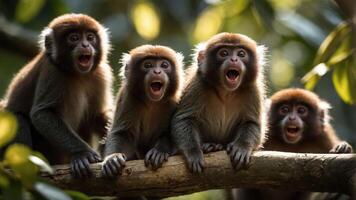 Four monkeys sitting on a branch, vocalizing in a lush, green environment. photo