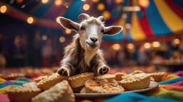 A goat playfully interacts with a plate of colorful pastries in a festive circus setting. photo