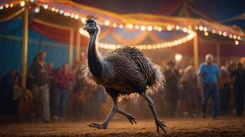An ostrich runs in a lively circus setting, surrounded by an audience and colorful tents. photo