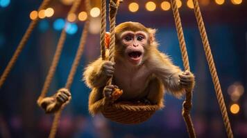 A monkey swings in a basket, expressing joy in a vibrant, colorful setting. photo