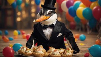 A penguin in a tuxedo serves desserts at a festive party with colorful balloons. photo