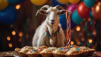 A goat adorned with a necklace stands beside colorful pies at a festive celebration. photo