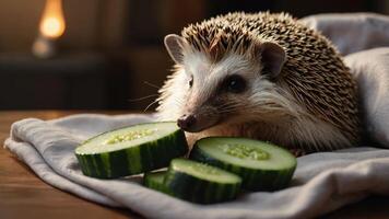 A hedgehog sits on a blanket next to sliced cucumbers, creating a cozy and playful scene. photo