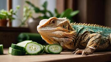 A lizard resting beside sliced cucumbers on a table, surrounded by plants. photo