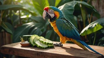 A colorful parrot perched beside sliced cucumbers on a wooden table in a lush environment. photo