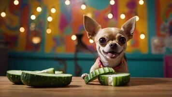A happy Chihuahua sits at a table with cucumber slices, creating a playful atmosphere. photo