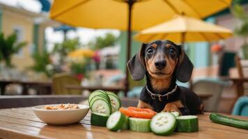 A dachshund sits at a table with sliced cucumbers and a bowl of food. photo