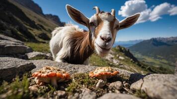 A goat curiously approaches colorful mushrooms in a mountainous landscape. photo