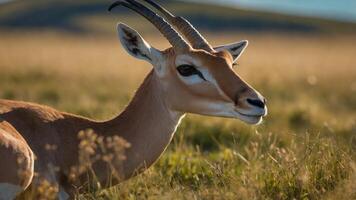 A close-up of an antelope in a grassy field, showcasing its features and natural habitat. photo
