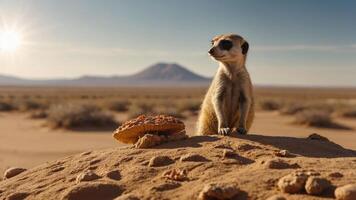 A meerkat perched on a rock in a desert landscape, with a distant mountain in the background. photo