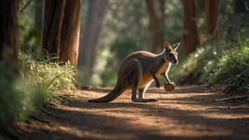 A wallaby holds a small object while walking along a sunlit forest path. photo