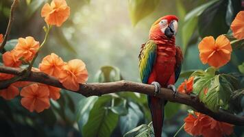 A vibrant parrot perched on a branch surrounded by colorful flowers in a lush setting. photo
