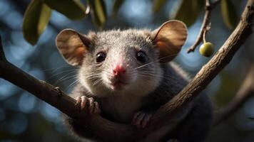 A close-up of a small, furry animal perched on a branch, showcasing its large ears and curious expression. photo