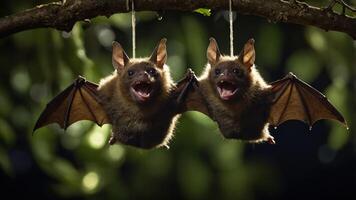 Two bats hanging upside down, showcasing their wings and playful expressions in a natural setting. photo