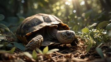 A close-up of a turtle in a sunlit forest setting, surrounded by greenery. photo