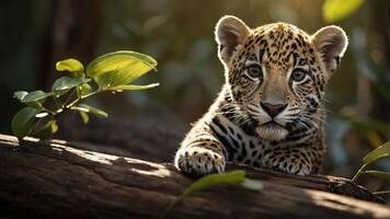 A close-up of a young jaguar resting on a log surrounded by lush greenery. photo