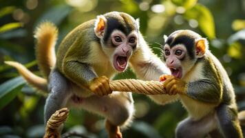 Two playful monkeys tugging on a rope amidst lush greenery. photo