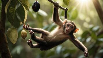 A young monkey hanging from a branch amidst lush greenery and sunlight. photo