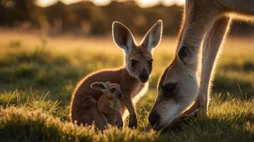A kangaroo with its joey in a serene sunset setting, showcasing wildlife in nature. photo