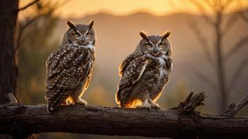 Two owls perched on a log during sunset, showcasing their striking features and surroundings. photo