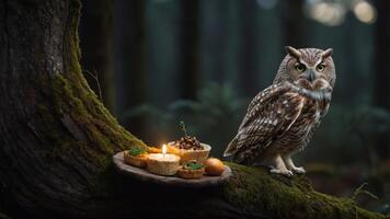 An owl perched beside a rustic platter of food and a candle in a forest setting. photo
