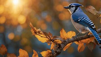 A blue jay perched on a branch with autumn leaves, illuminated by soft sunlight. photo
